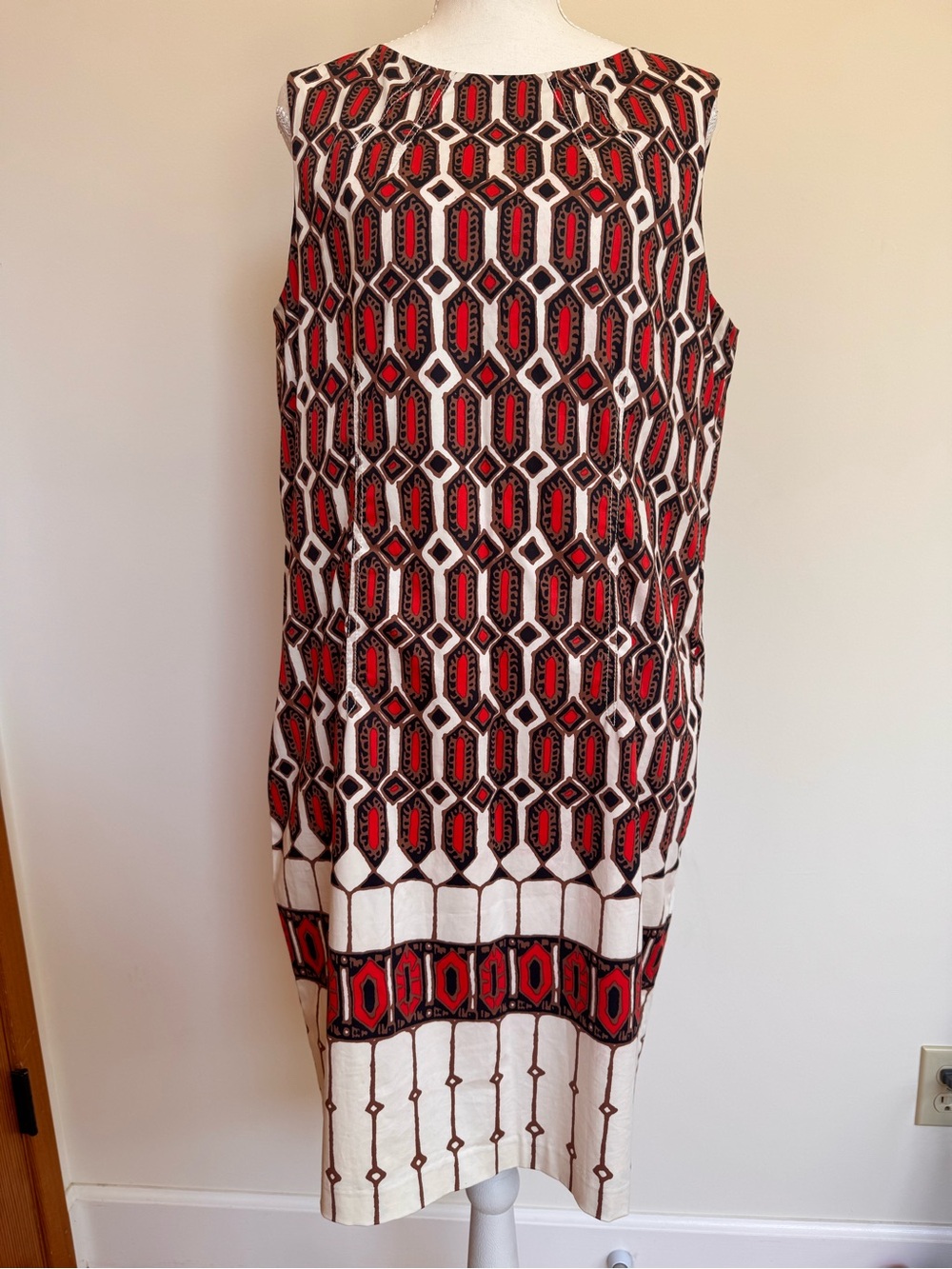 Talbots Cream Shift Dress with Red and Black Geometric Accents